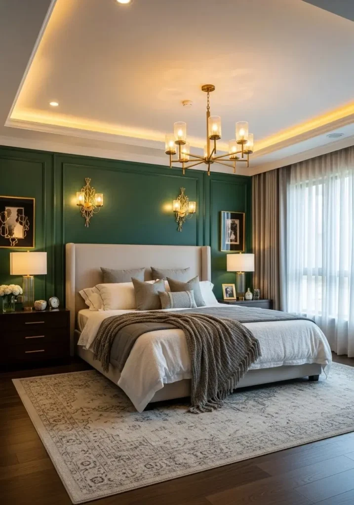 Bedroom featuring a deep emerald green wall with gold accents, creating a cozy and elegant feel
