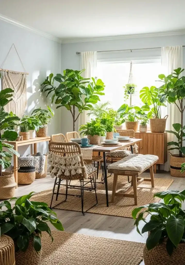 Boho dining room with indoor plants adding natural freshness and texture