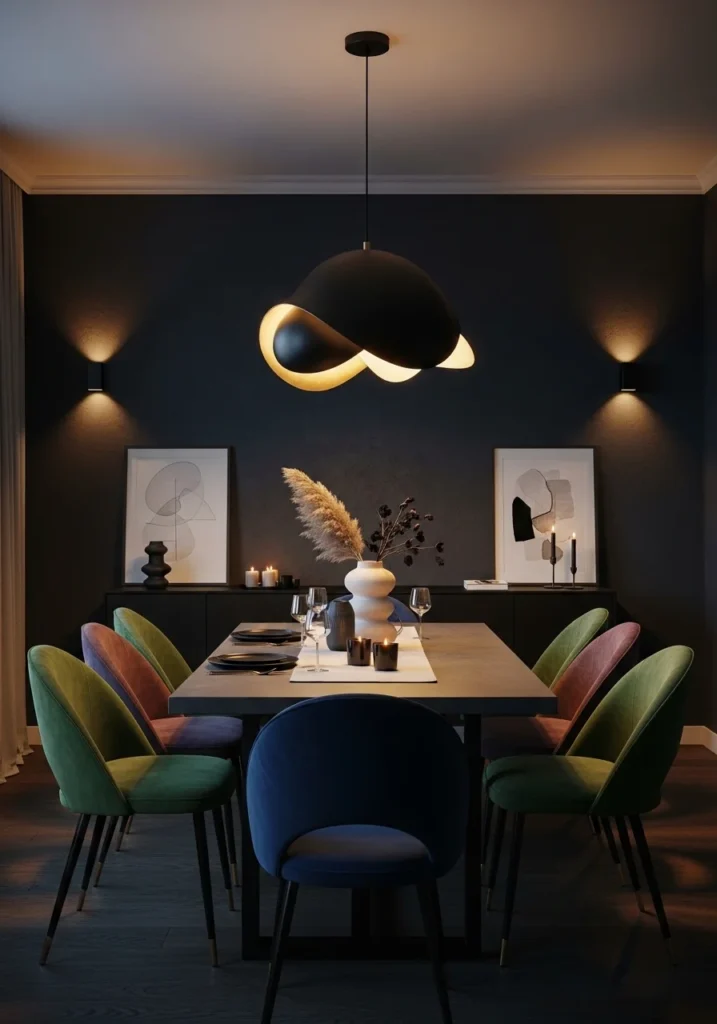 moody dining room with pendant lighting