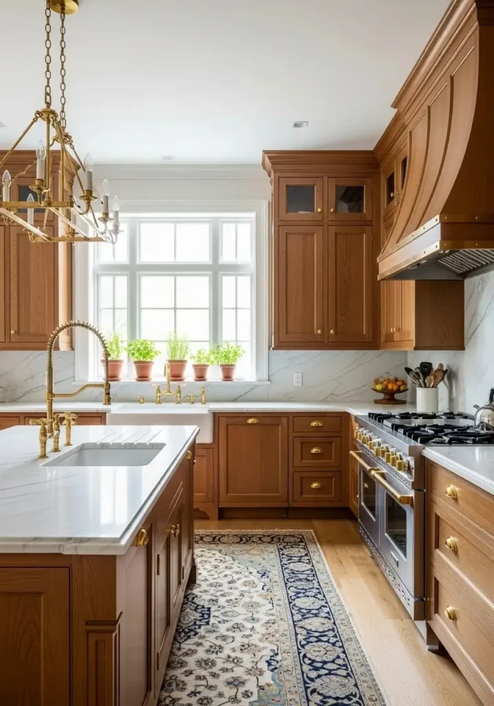 Classic kitchen with wood cabinets and white walls.