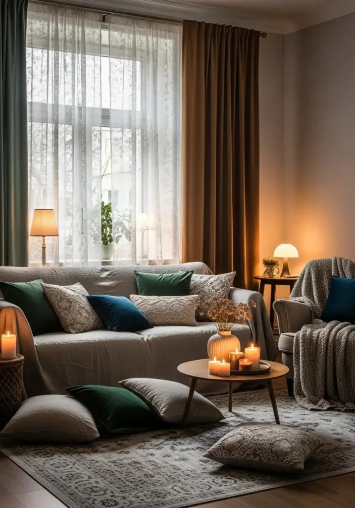 Vintage living room with layered fabrics adding texture and comfort.