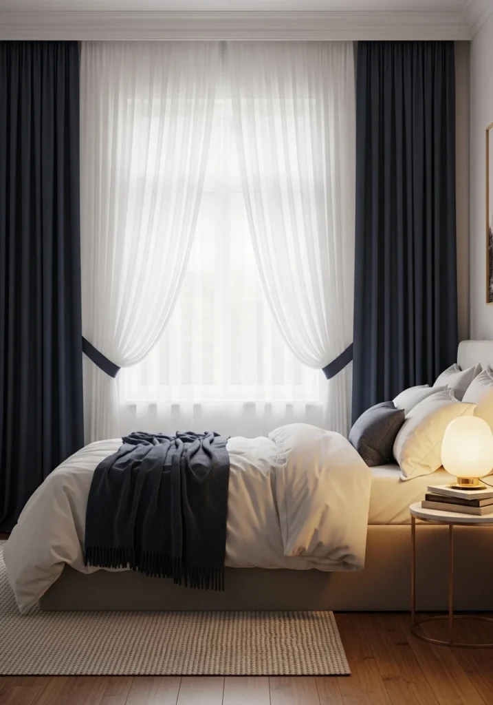 Layered sheer and navy curtains adding depth to a bedroom.