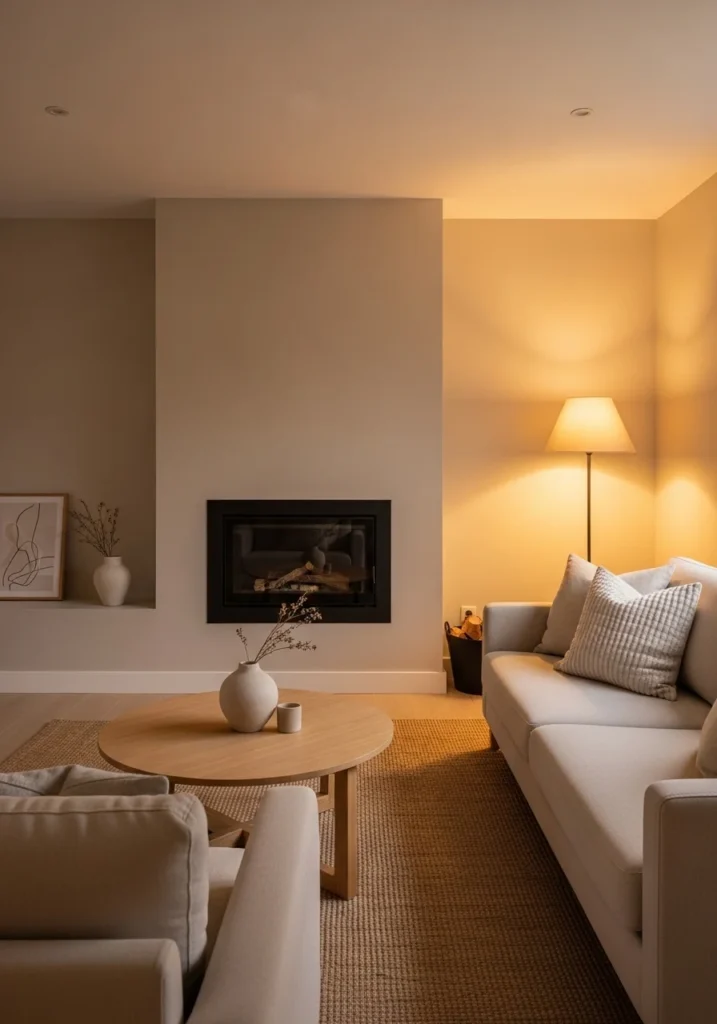 black fireplace with beige living room decor modern cozy design