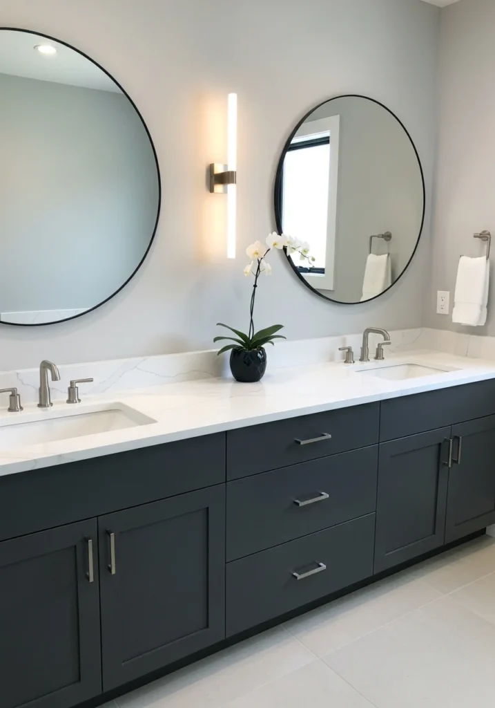 Two-tone modern bathroom vanity with contrasting cabinet and countertop finishes