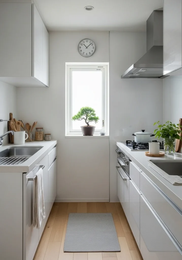 Japandi kitchen with indoor plants and natural touch
