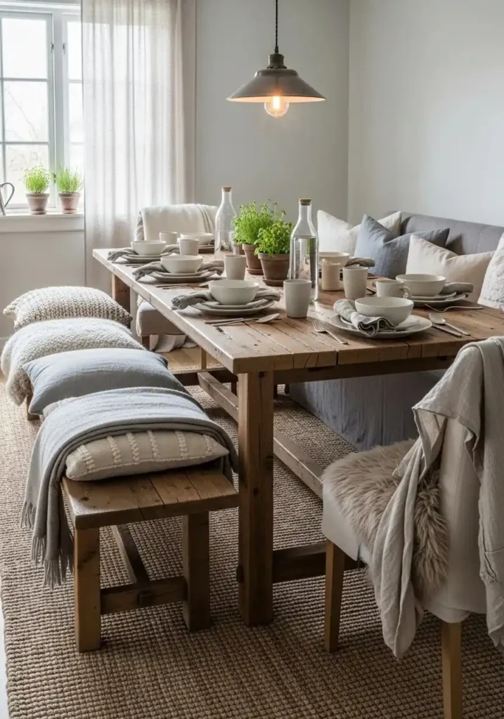 Boho dining room with bench seating and cushions for a cozy look