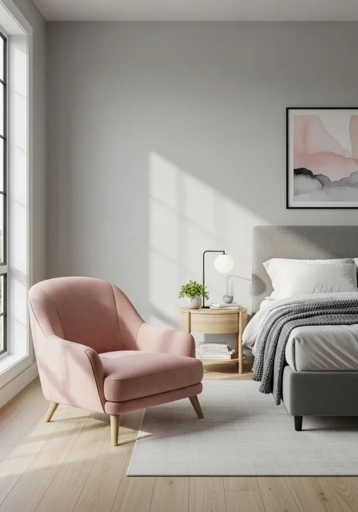 Gray bedroom with pink accent armchair and neutral furniture.