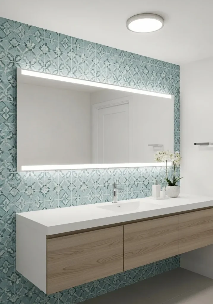 Patterned bathroom tile accent wall.