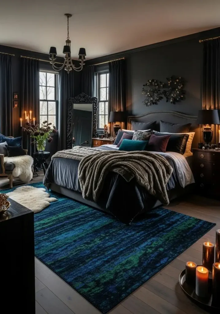 Plush area rug in dark feminine bedroom