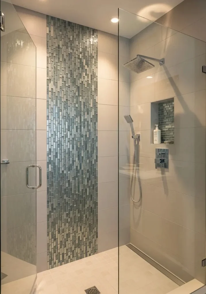 Shower remodel with mosaic tile accent wall adding color and texture