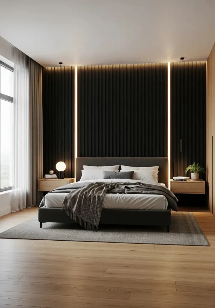 Black and wood accent wall with vertical slats in modern bedroom