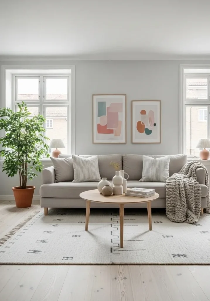 Neutral Scandinavian living room with subtle patterned textiles.