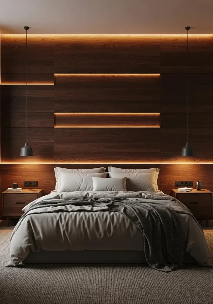 Elegant bedroom with dark walnut wood accent wall and cozy lighting.
