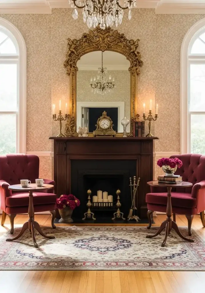 Antique gold mirror in vintage living room