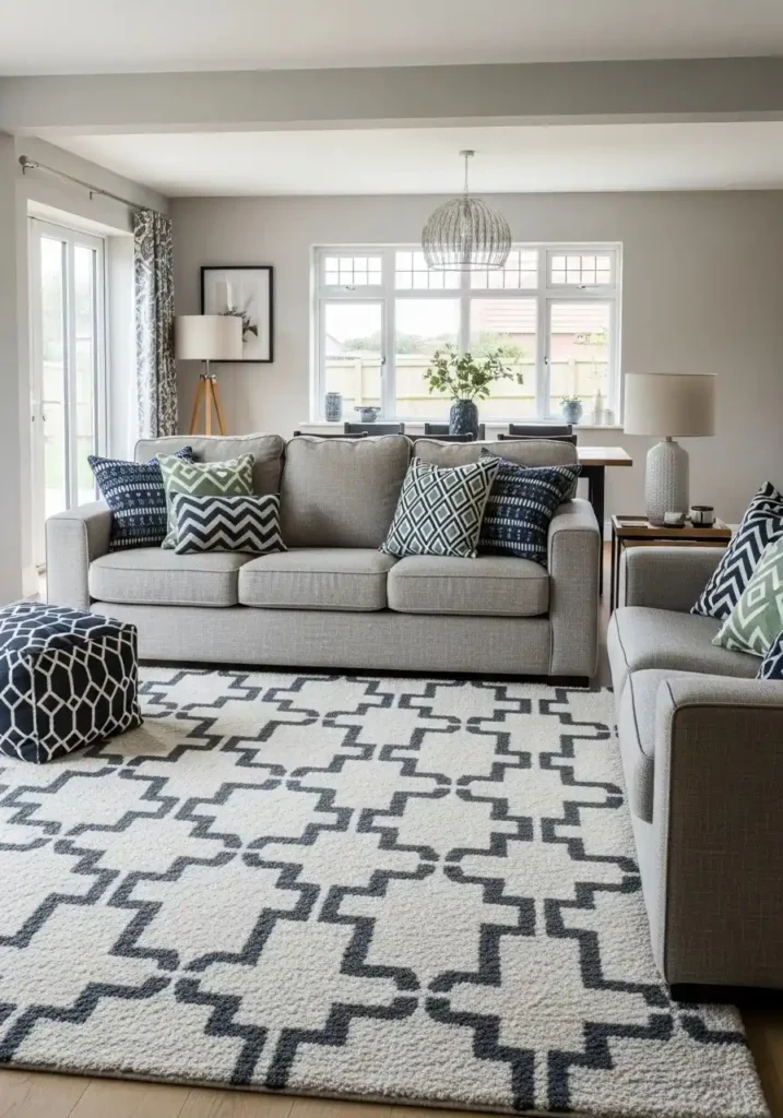 Patterned navy and sage decor adding visual interest to a living room.