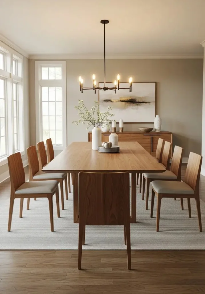 Modern dining room with balanced layout and functional spacing