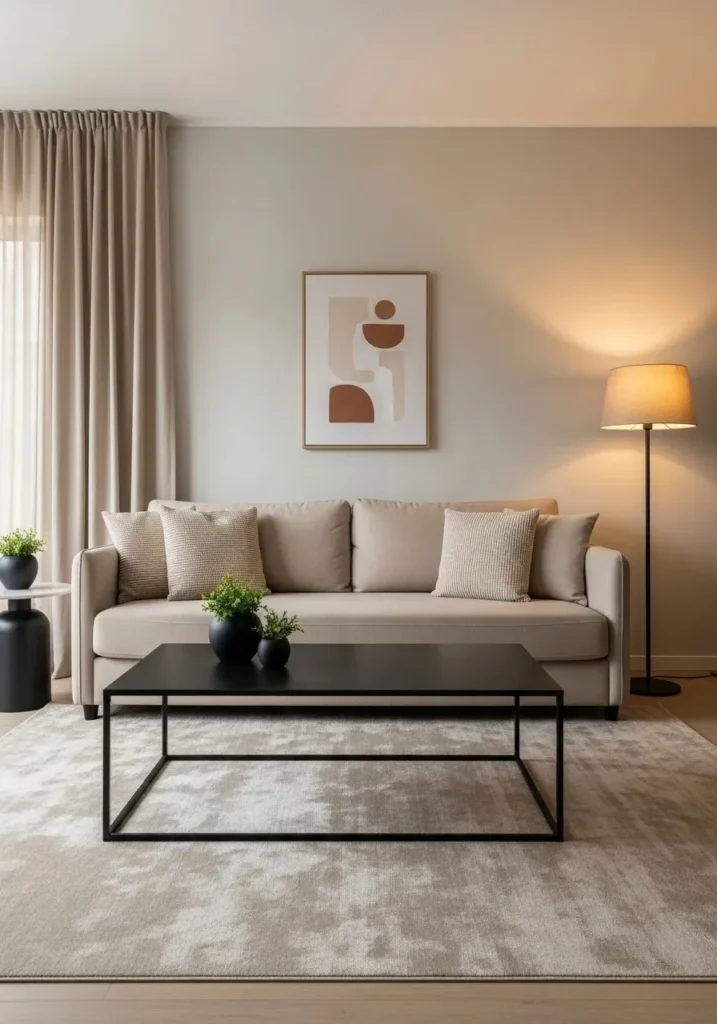 black coffee table with beige rug living room decor idea