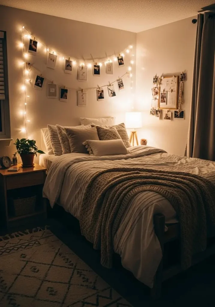 Photo wall with fairy lights and clipped pictures creating a cozy college bedroom vibe.
