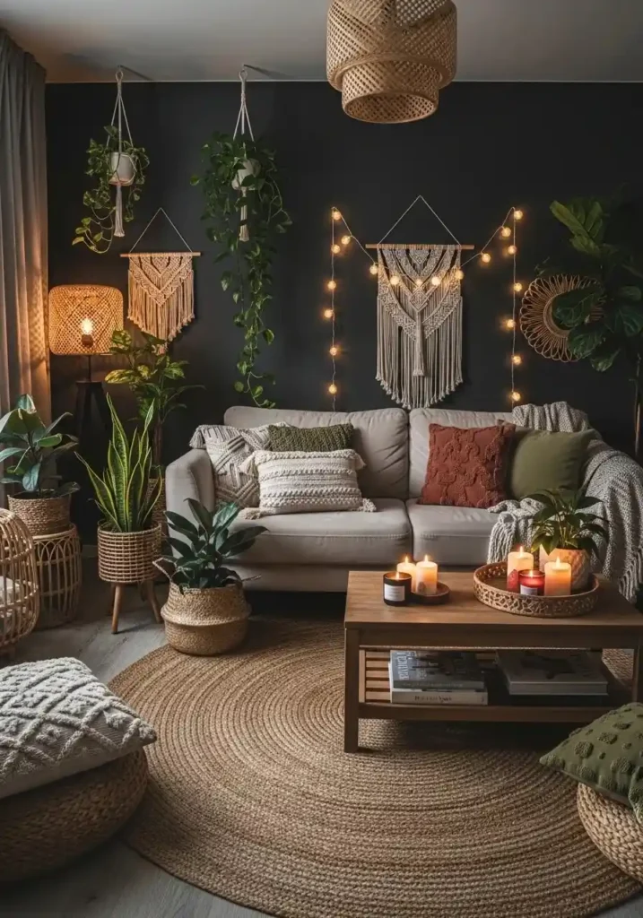 dark boho living room with charcoal walls