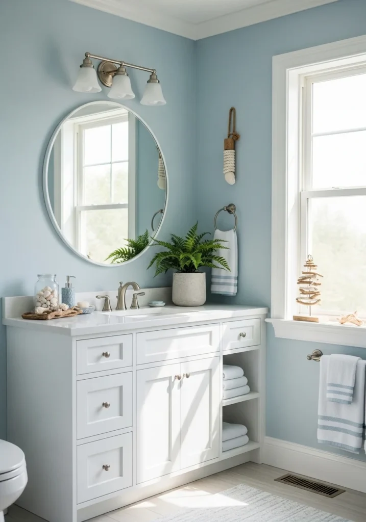 Coastal bathroom with soft blue and white color palette creating a calm and airy space
