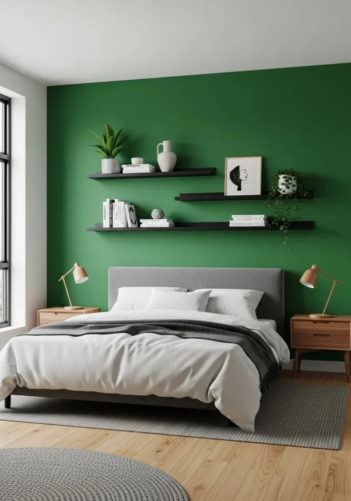 Green accent wall with black shelving adds structure and style to a bedroom.