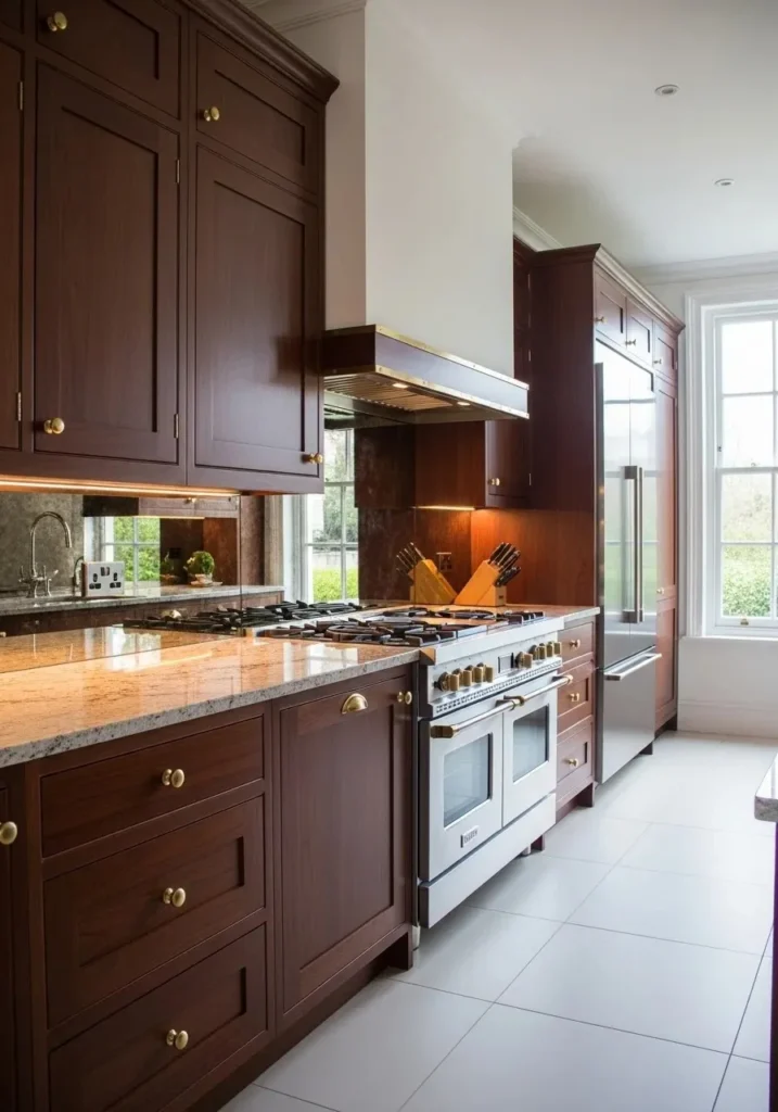 Dark wood kitchen with light countertops and brass accents.