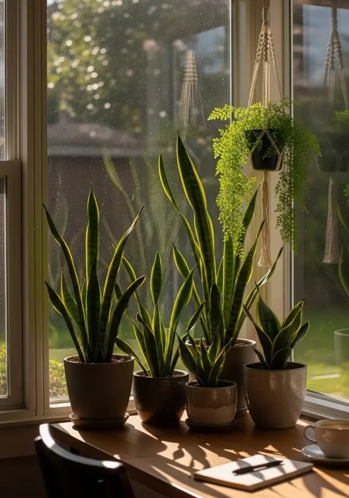 Indoor plants in a home office, adding freshness, color, and improved air quality to the workspace.