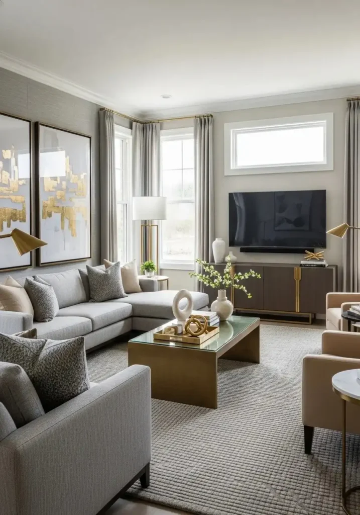 Gray and beige living room with subtle metallic decor accents