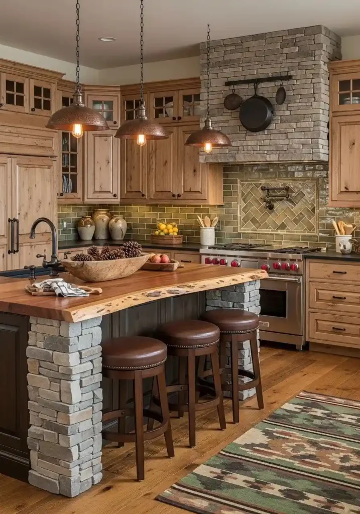 Mountain lodge kitchen with hickory cabinets.