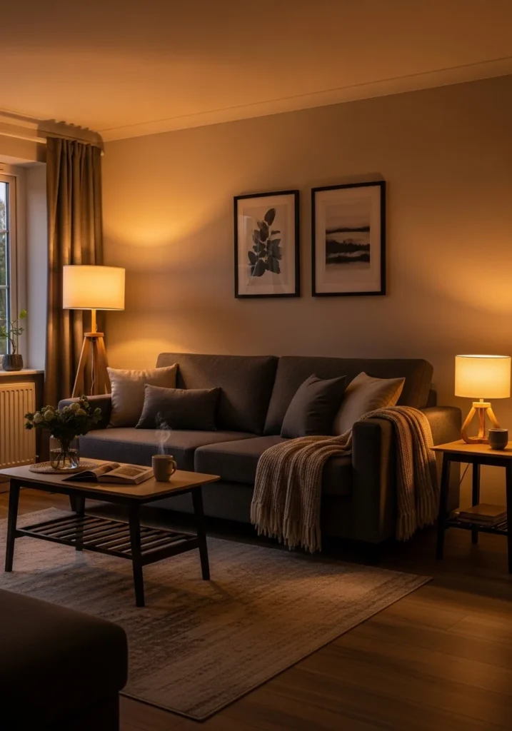 Charcoal couch living room with warm lighting creating a cozy atmosphere.