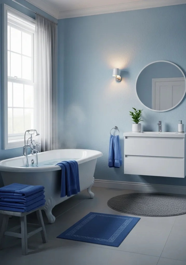 Bathroom with layered shades of blue.