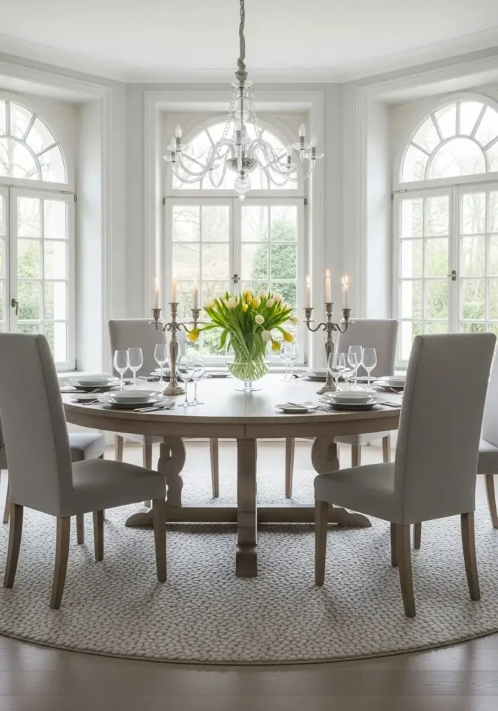 round dining table with glass decor elements