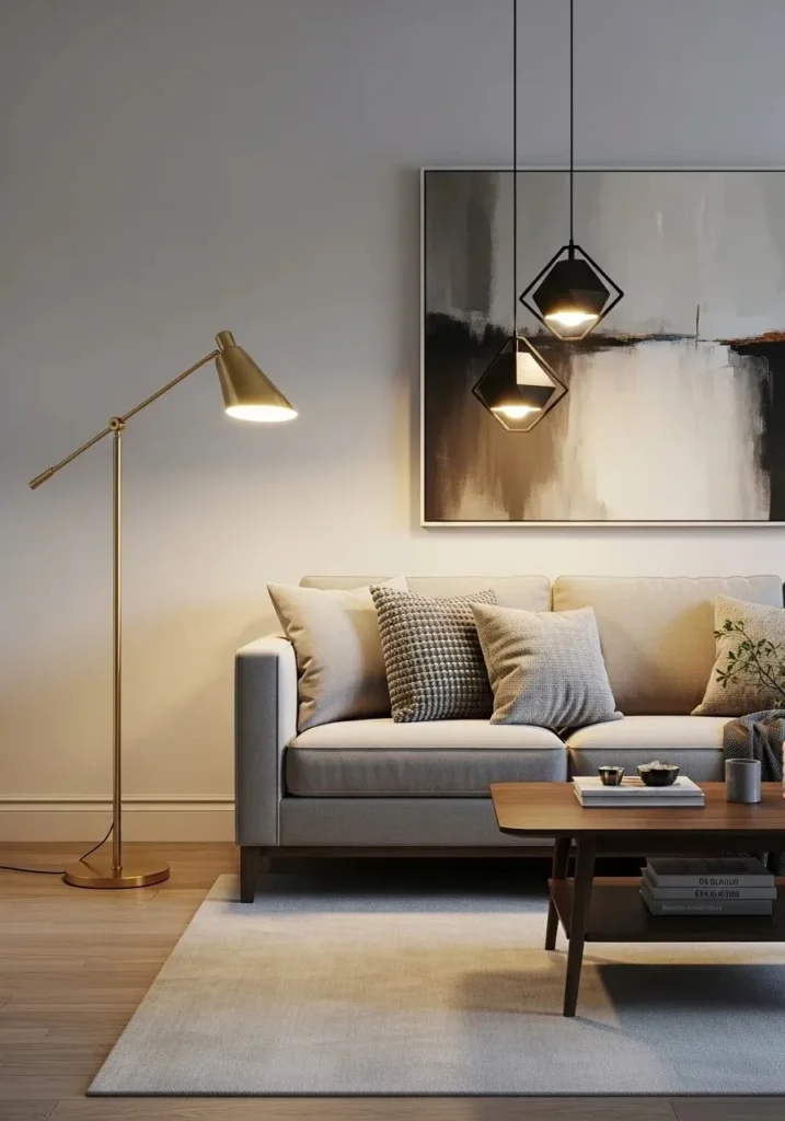 Contemporary brass floor lamp with pendant lights in living room.