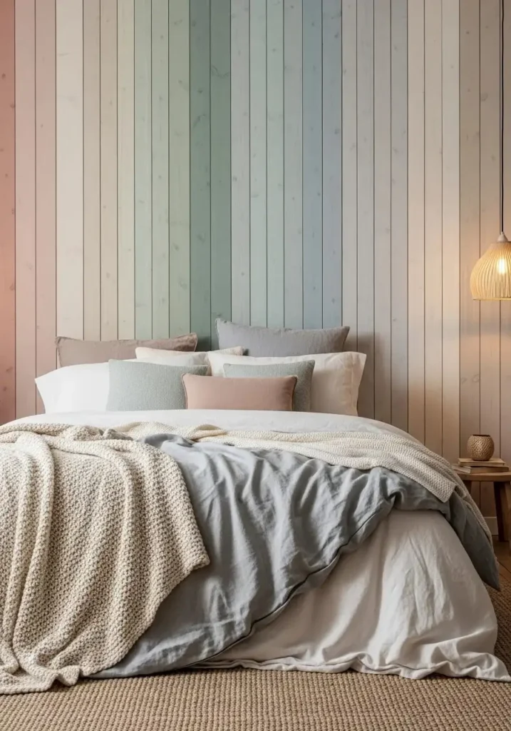 Soft pastel painted wood accent wall adding warmth and texture to bedroom.
