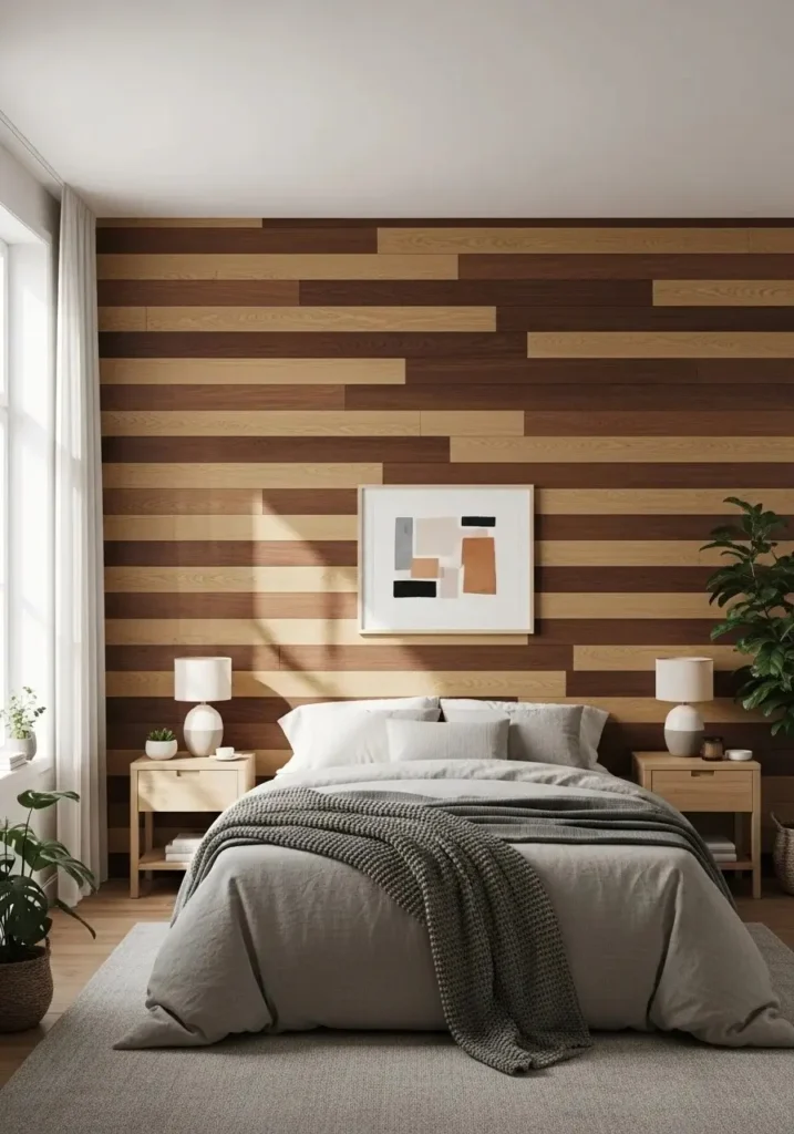 Accent wall with mixed wood tones adding warmth and texture to a bedroom.