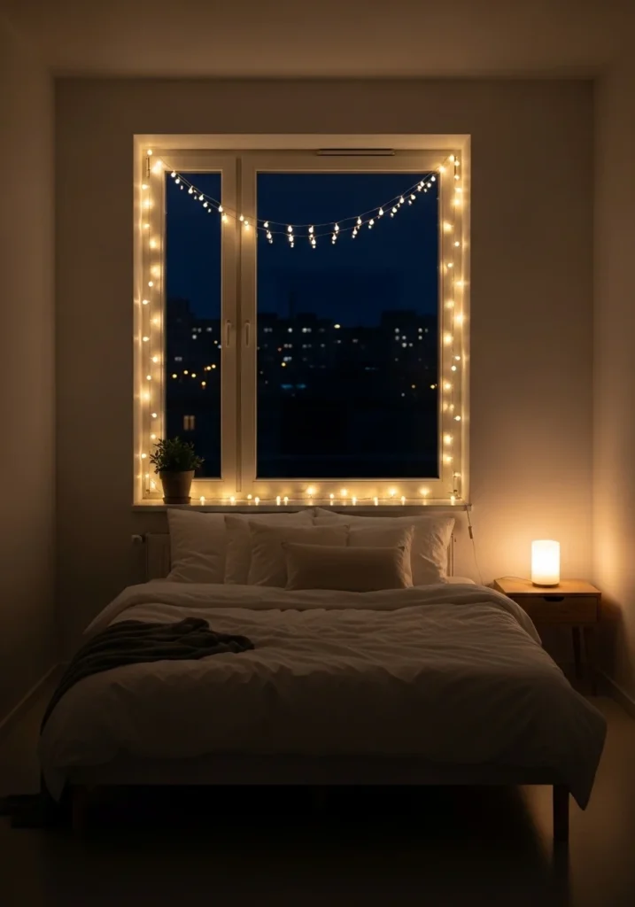 Bedroom window decorated with fairy lights creating soft glow
