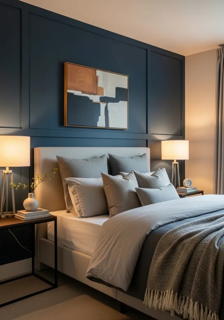 Deep navy blue accent wall in bedroom with warm lighting and neutral decor for a cozy, sophisticated look