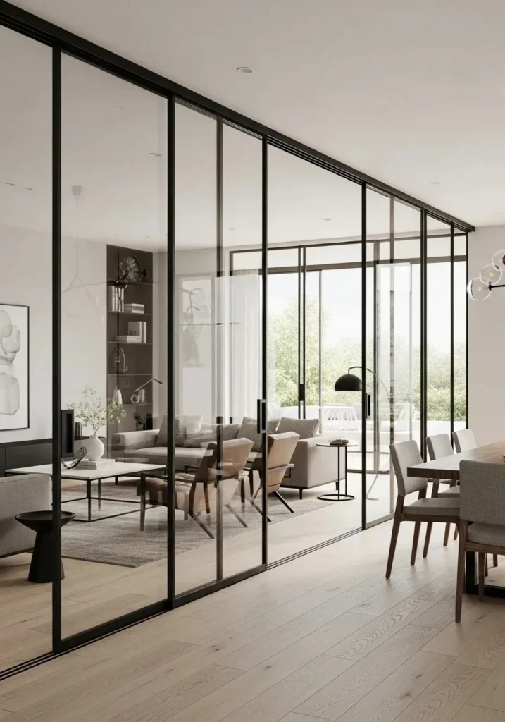 sliding glass panel divider in living room