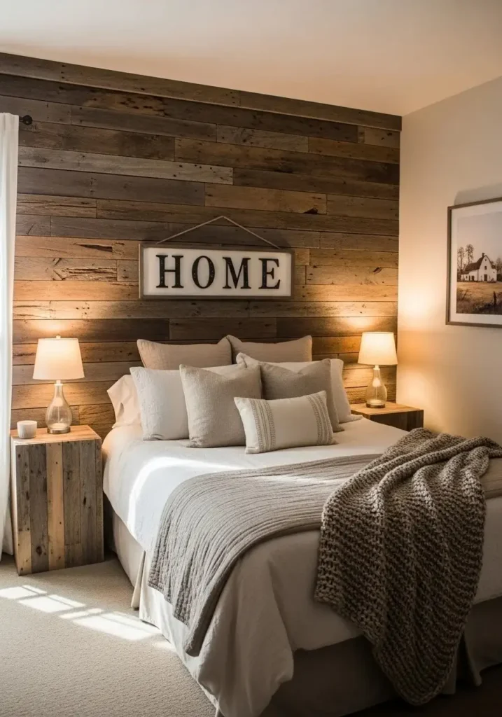 rustic bedroom with reclaimed wood accent wall