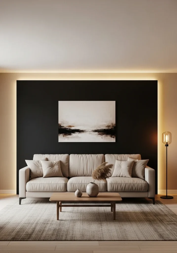 black accent wall with beige sofa living room design