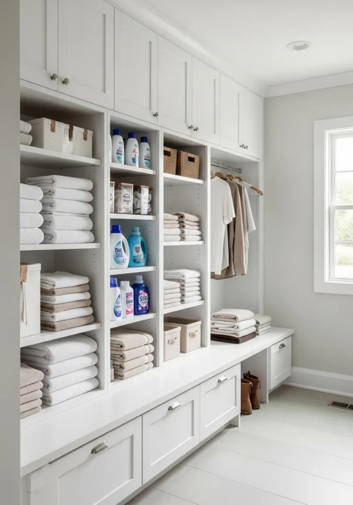 Tall vertical cabinets in a mud room laundry room combo holding organized supplies.