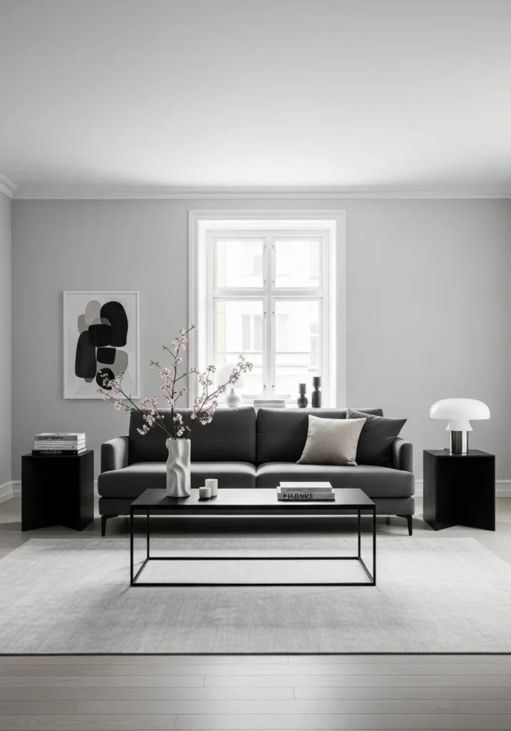 Black accent furniture in a gray and black living room.