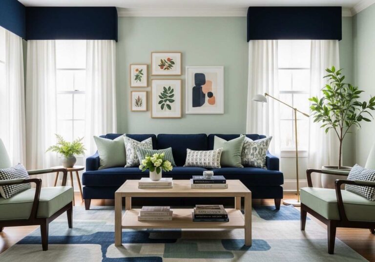 Beautiful navy and sage living room look