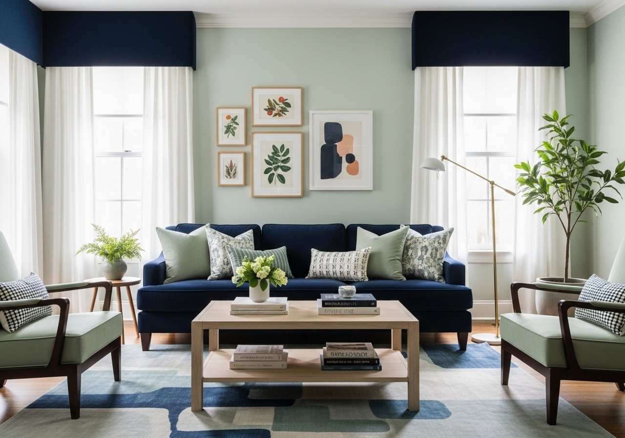 Beautiful navy and sage living room look