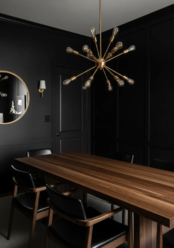 dramatic black moody dining room
