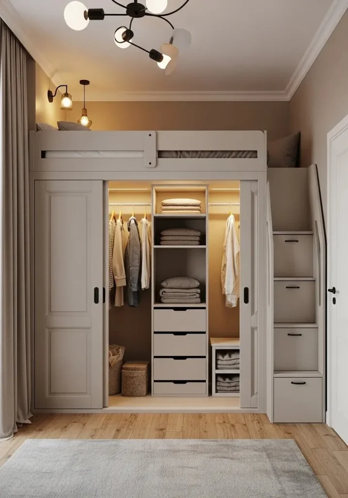 Loft bed above a wardrobe, maximizing storage in a small bedroom without sacrificing floor space.