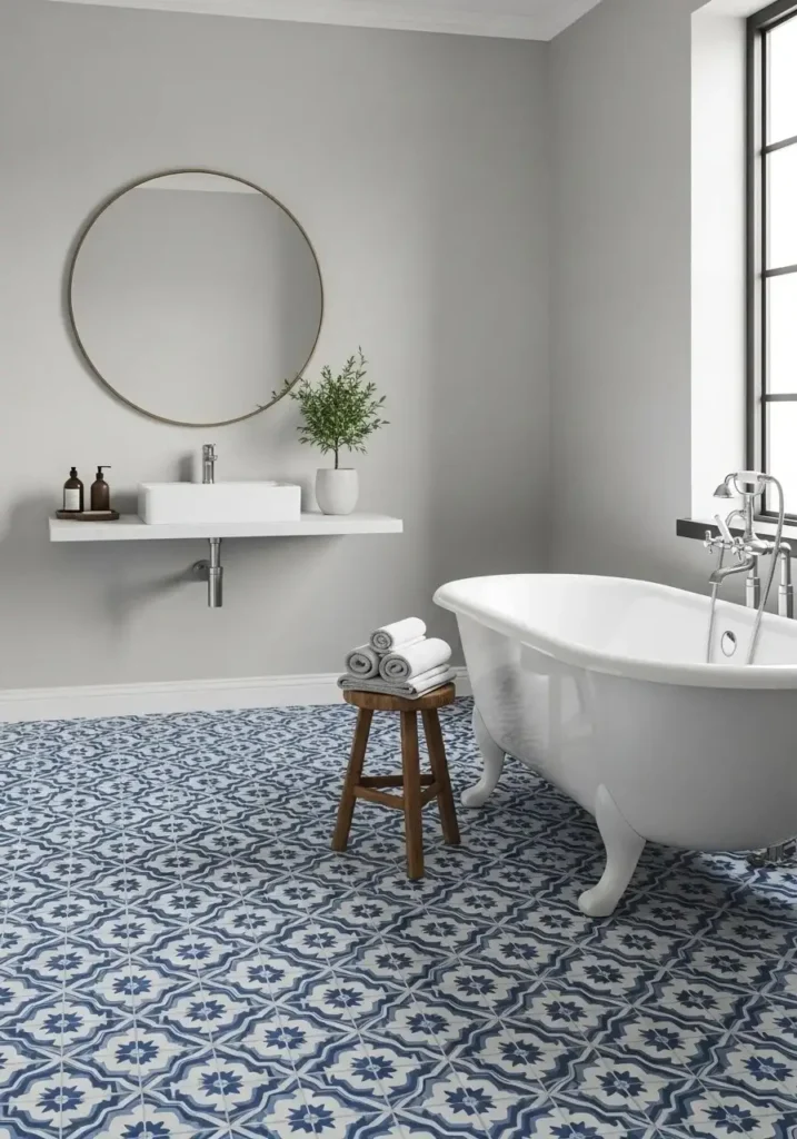 Blue and white patterned bathroom floor tiles.