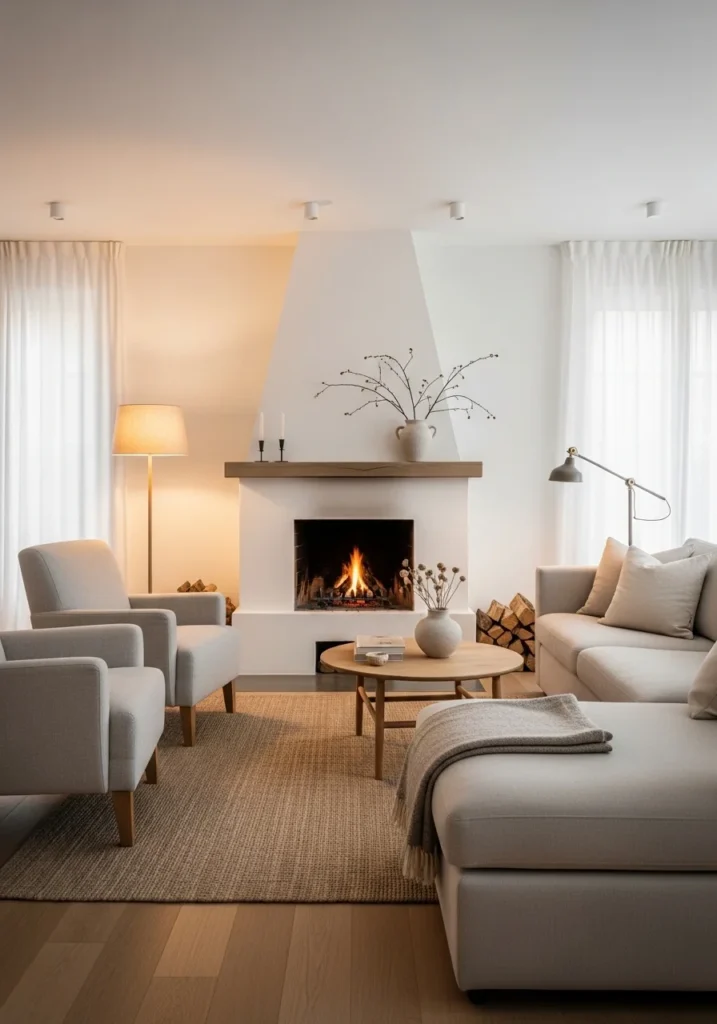 Scandinavian living room with simple white fireplace.