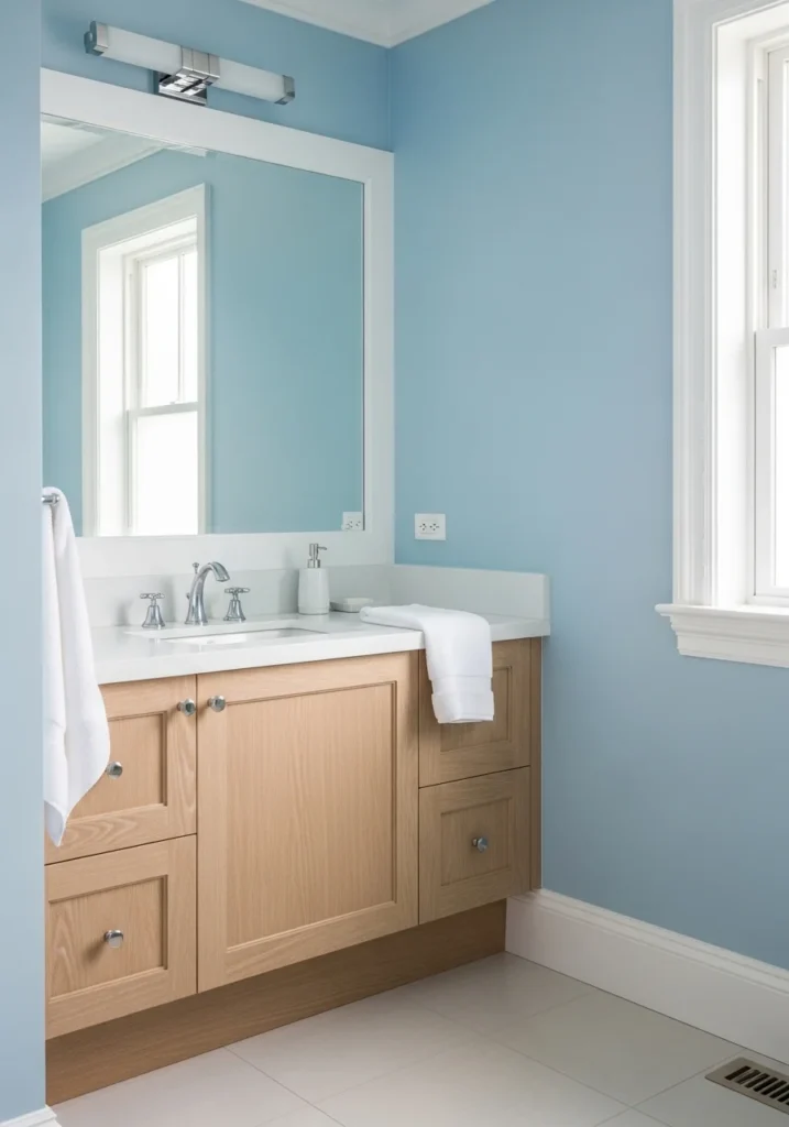 Soft sky blue bathroom walls with white trim and wooden accents.