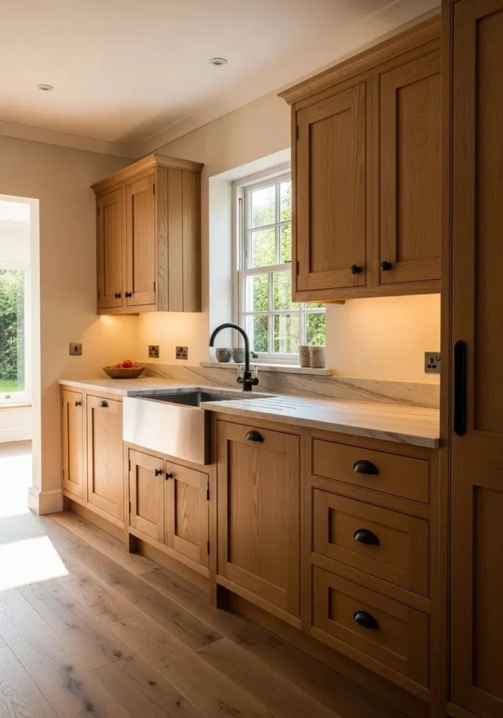 Natural oak kitchen with cream walls and black hardware.
